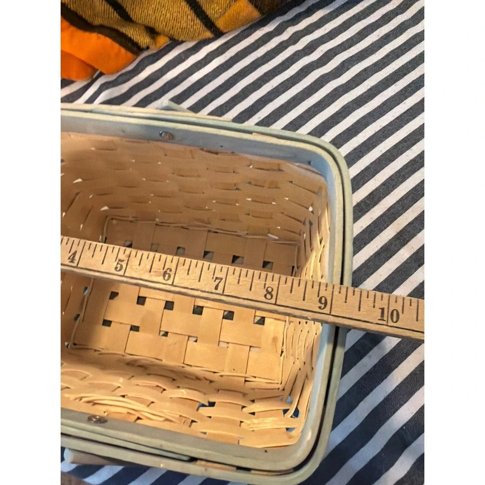 Vintage Style Woven Wood Basket with Blue Floral Ceramic Tile and Handle